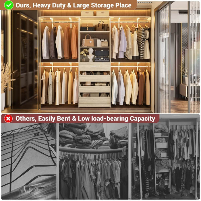 8FT White Closet System with 4 Wooden Drawers, Closet Organizer with 4 Hanging Rods & Shelf Towers