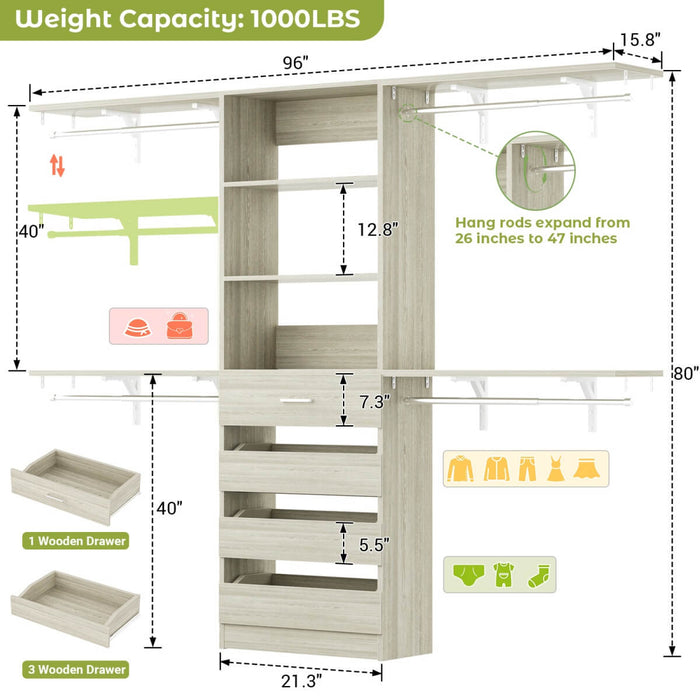 8FT White Closet System with 4 Wooden Drawers, Closet Organizer with 4 Hanging Rods & Shelf Towers