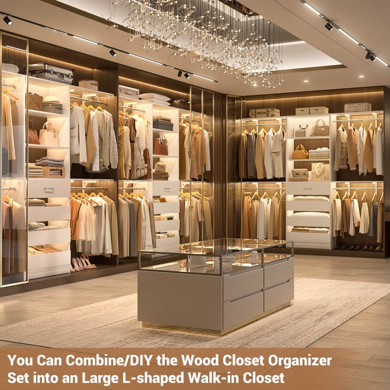 8FT Closet System with 4 Wooden Drawers, Closet Organizer with 4 Hanging Rods & Shelf Towers