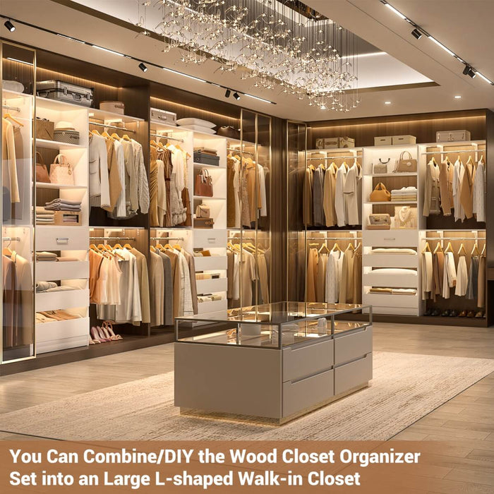 8FT White Closet System with 4 Wooden Drawers, Closet Organizer with 4 Hanging Rods & Shelf Towers