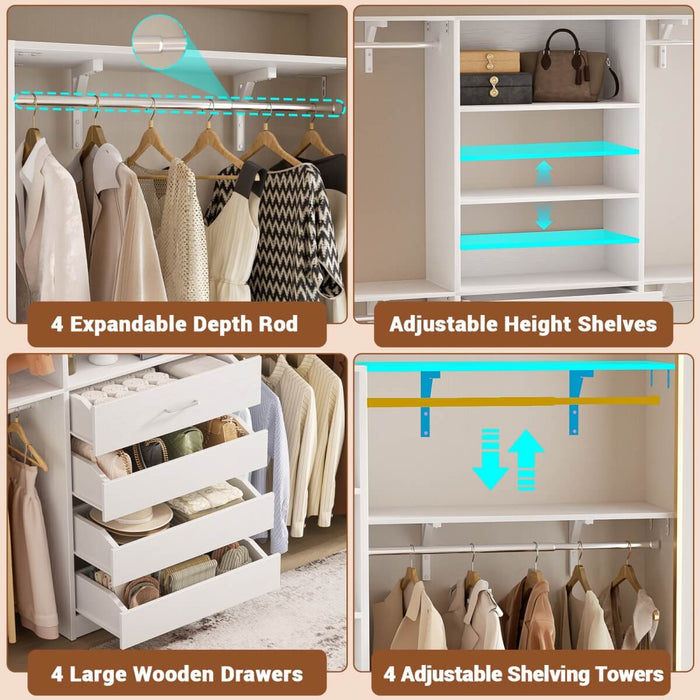 8FT White Closet System with 4 Wooden Drawers, Closet Organizer with 4 Hanging Rods & Shelf Towers