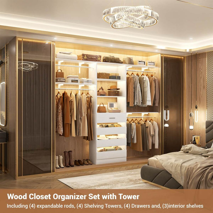 8FT White Closet System with 4 Wooden Drawers, Closet Organizer with 4 Hanging Rods & Shelf Towers
