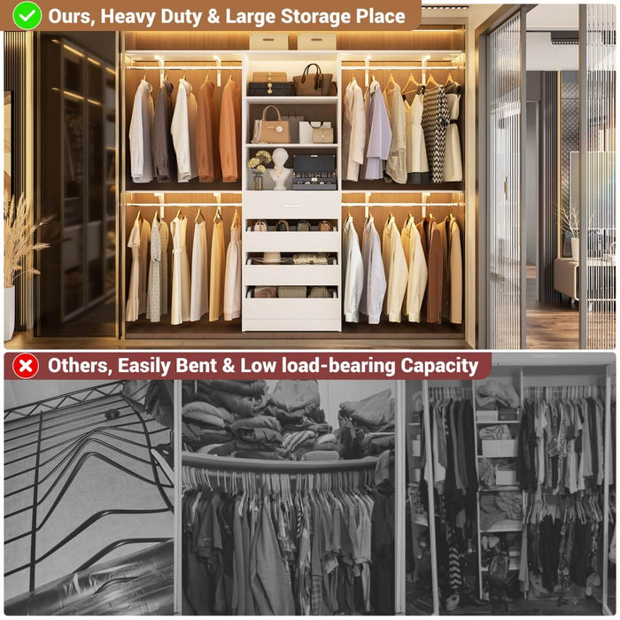 8FT White Closet System with 4 Wooden Drawers, Closet Organizer with 4 Hanging Rods & Shelf Towers