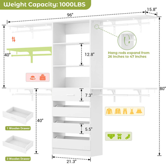 8FT White Closet System with 4 Wooden Drawers, Closet Organizer with 4 Hanging Rods & Shelf Towers
