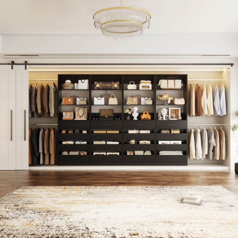 12-24ft Expandable Walk-in Closet Organizer with 16 Wooden Drawers & 16 Hanging Rods