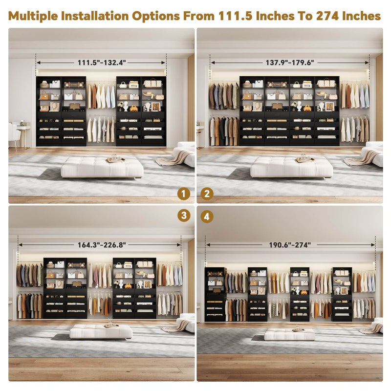 12-24ft Expandable Walk-in Closet Organizer with 16 Wooden Drawers & 16 Hanging Rods