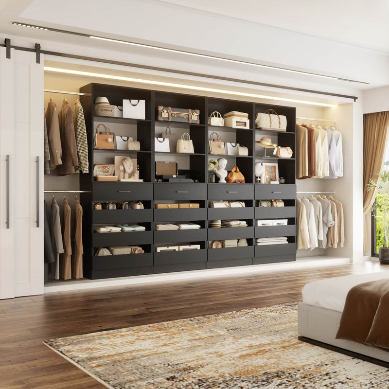 12-24ft Expandable Walk-in Closet Organizer with 16 Wooden Drawers & 16 Hanging Rods