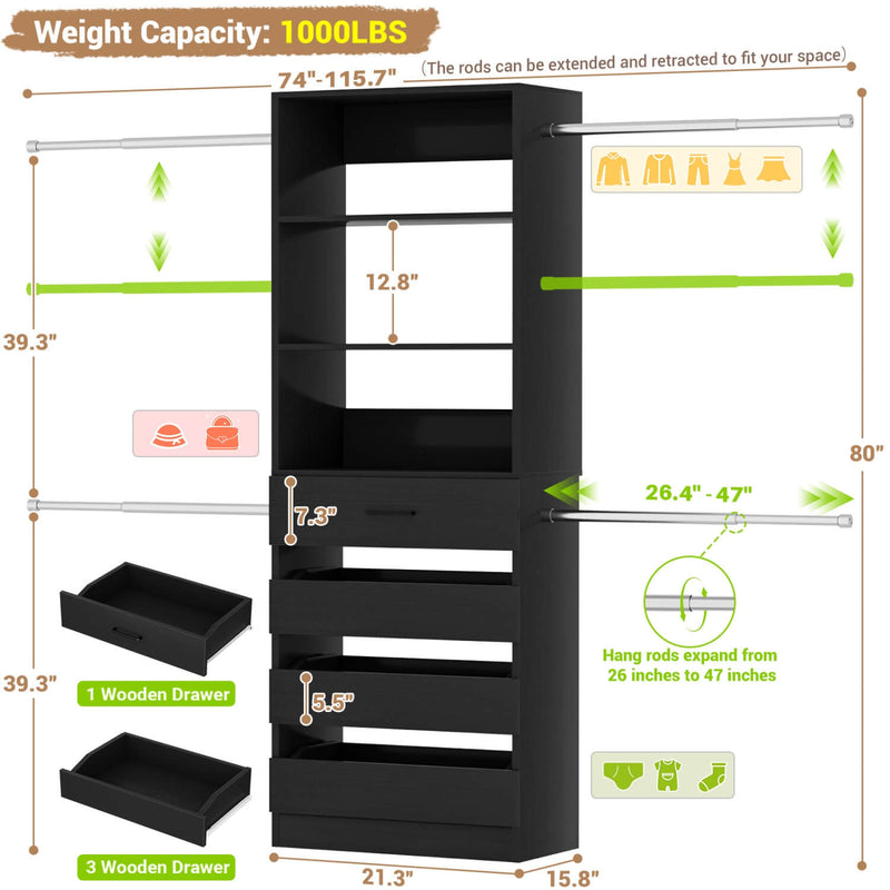 12-24ft Expandable Walk-in Closet Organizer with 16 Wooden Drawers & 16 Hanging Rods