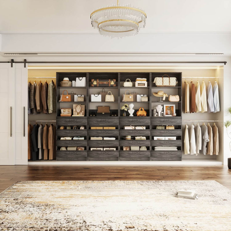 12-24ft Expandable Walk-in Closet Organizer with 16 Wooden Drawers & 16 Hanging Rods