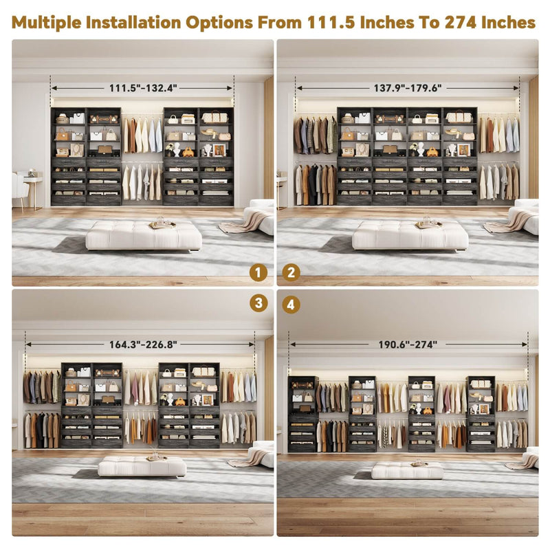 12-24ft Expandable Walk-in Closet Organizer with 16 Wooden Drawers & 16 Hanging Rods