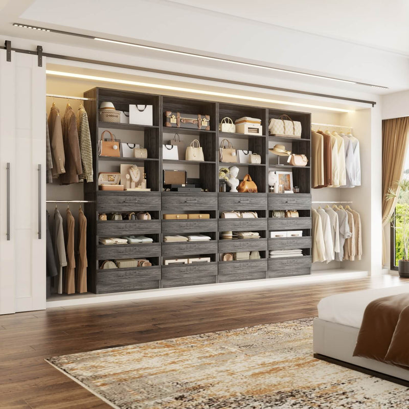 12-24ft Expandable Walk-in Closet Organizer with 16 Wooden Drawers & 16 Hanging Rods