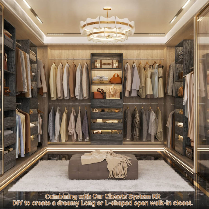 12-24ft Expandable Walk-in Closet Organizer with 16 Wooden Drawers & 16 Hanging Rods