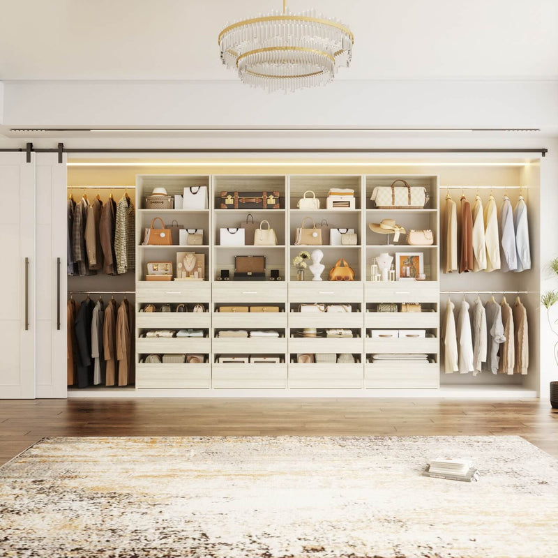 12-24ft Expandable Walk-in Closet Organizer with 16 Wooden Drawers & 16 Hanging Rods