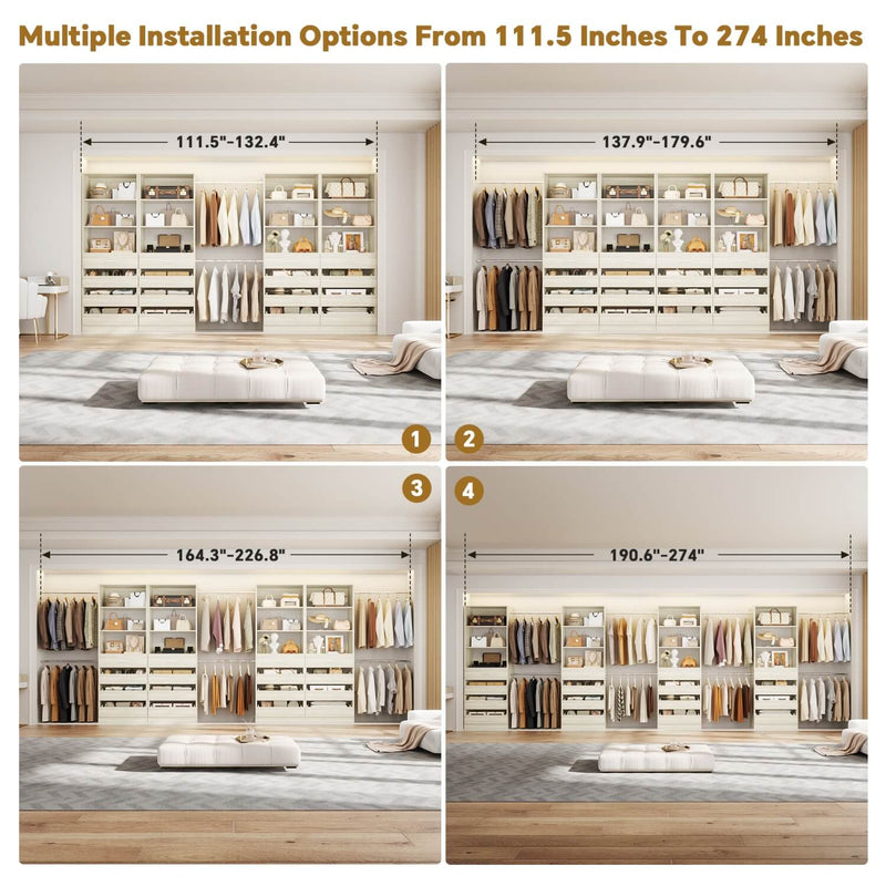12-24ft Expandable Walk-in Closet Organizer with 16 Wooden Drawers & 16 Hanging Rods