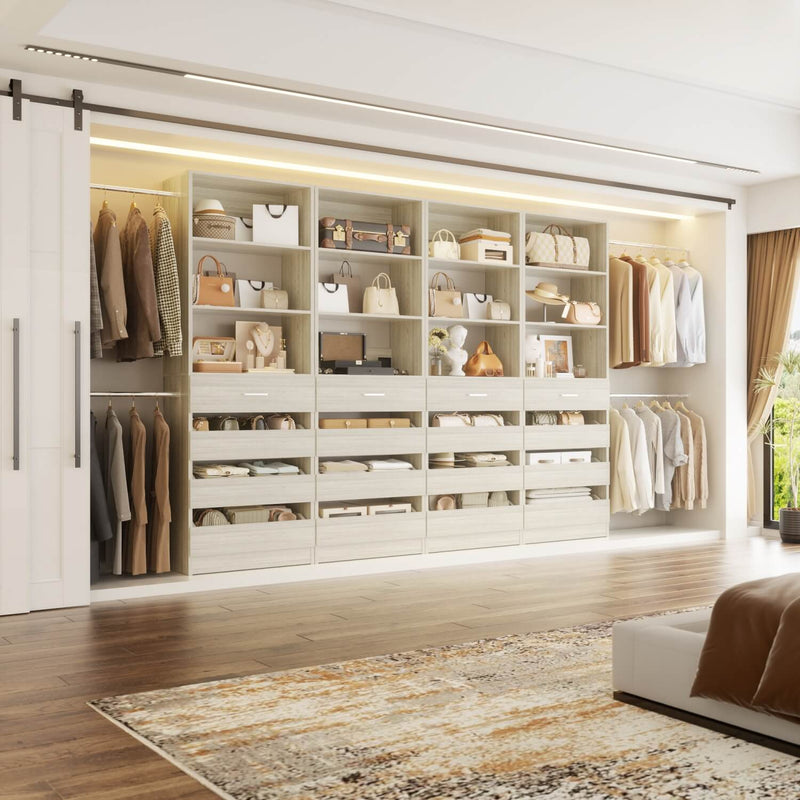 12-24ft Expandable Walk-in Closet Organizer with 16 Wooden Drawers & 16 Hanging Rods