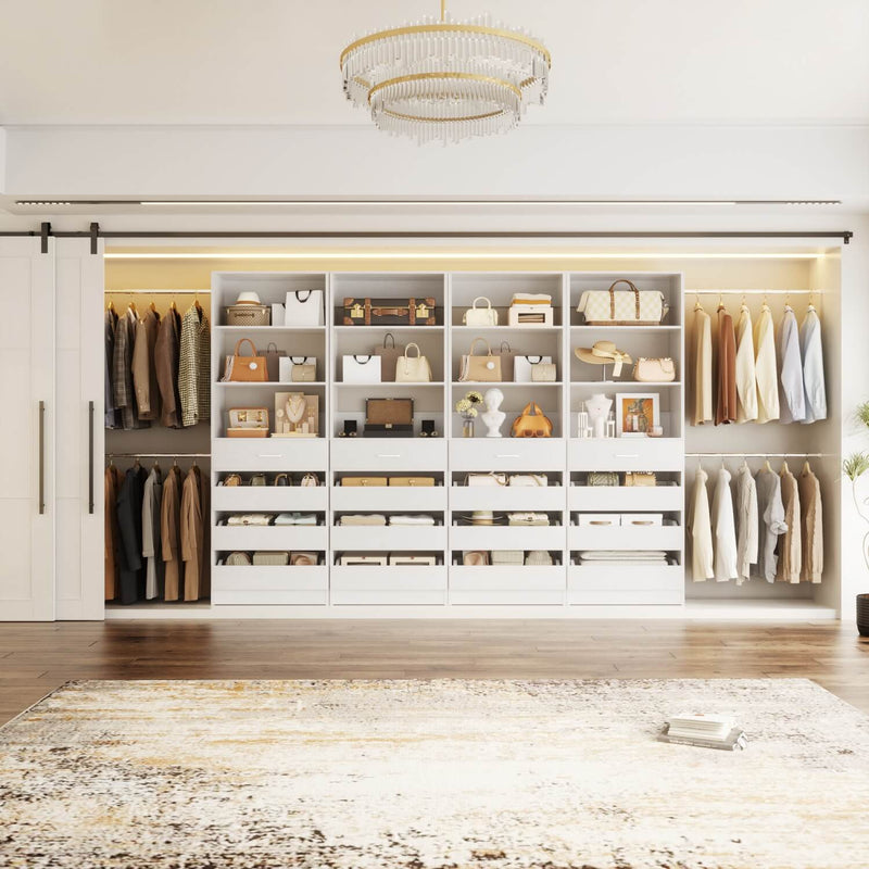 12-24ft Expandable Walk-in Closet Organizer with 16 Wooden Drawers & 16 Hanging Rods