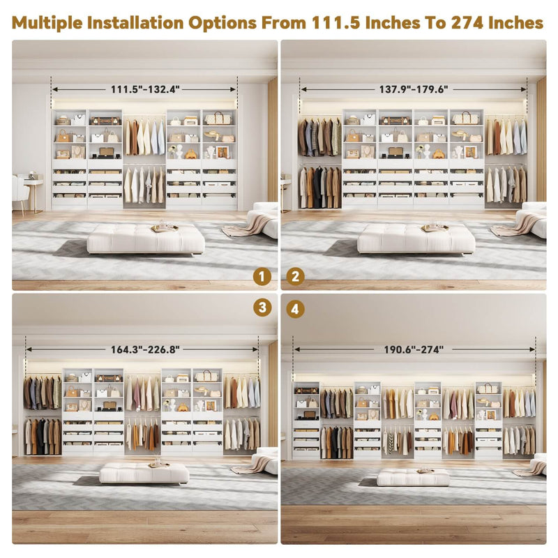 12-24ft Expandable Walk-in Closet Organizer with 16 Wooden Drawers & 16 Hanging Rods