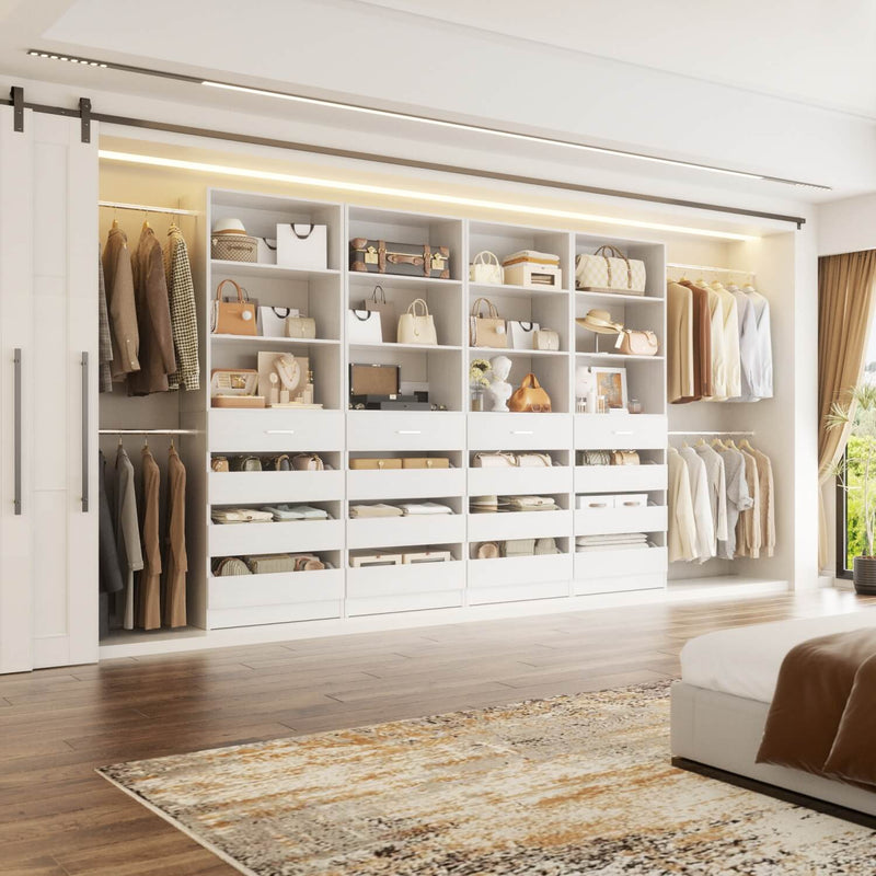 12-24ft Expandable Walk-in Closet Organizer with 16 Wooden Drawers & 16 Hanging Rods