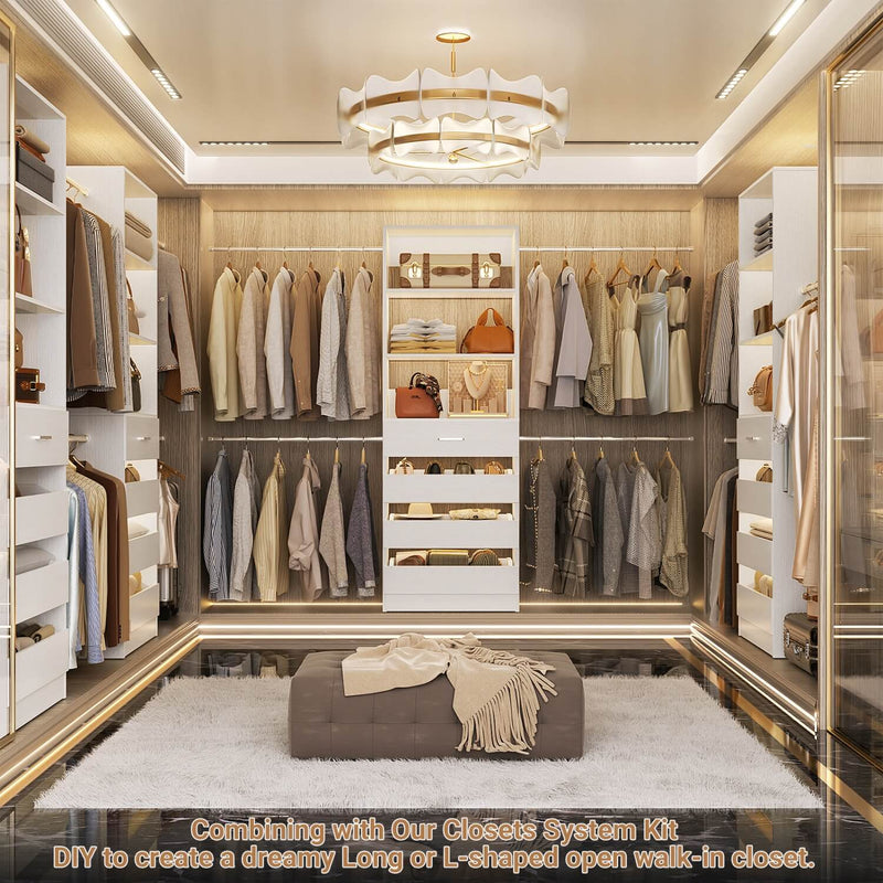 12-24ft Expandable Walk-in Closet Organizer with 16 Wooden Drawers & 16 Hanging Rods