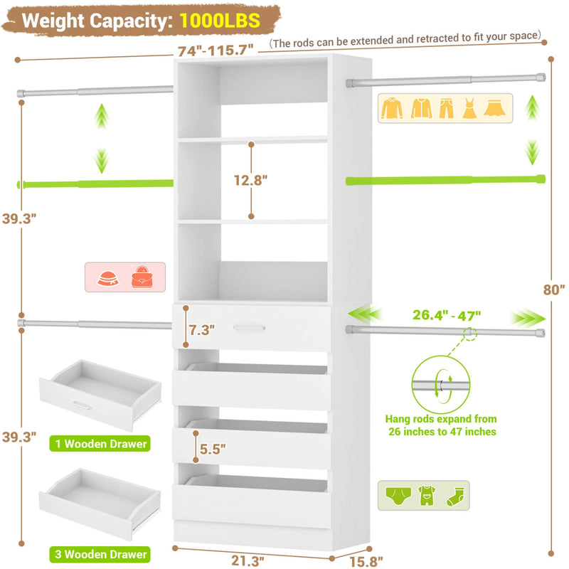 12-24ft Expandable Walk-in Closet Organizer with 16 Wooden Drawers & 16 Hanging Rods