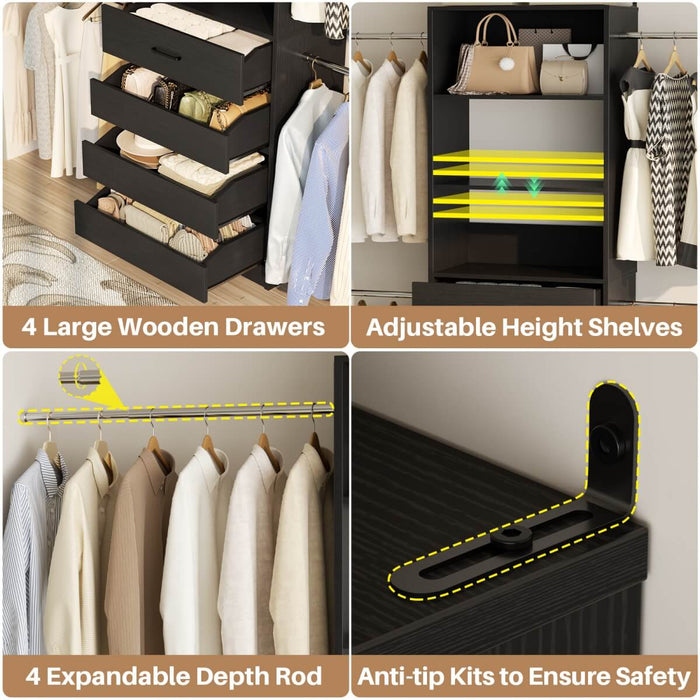 8FT White Walk in Closet System with 4 Wooden Drawers & 4 Hanging Rods