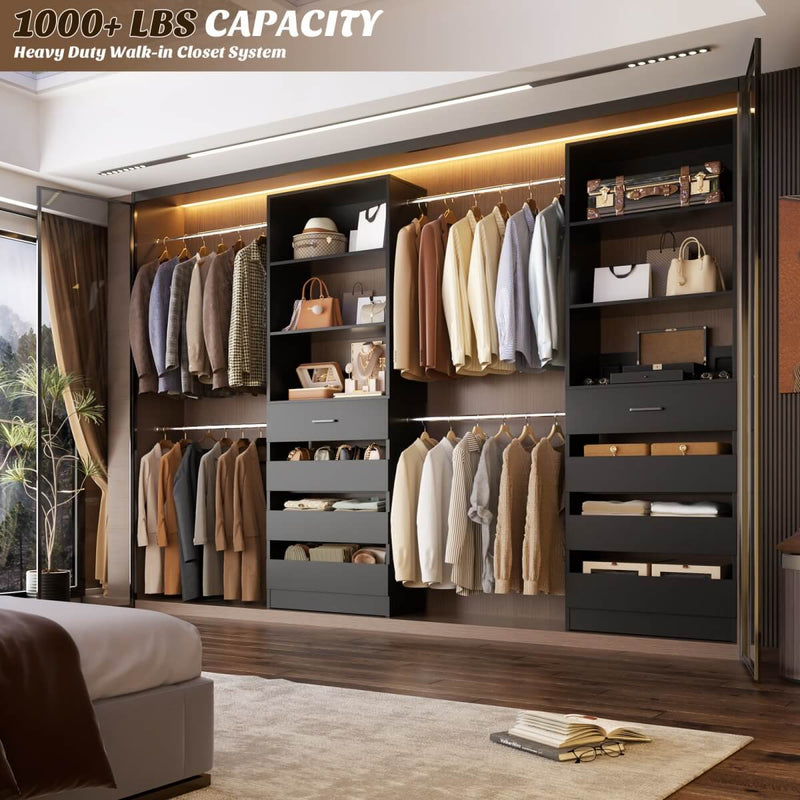 8FT White Walk in Closet System with 4 Wooden Drawers & 4 Hanging Rods