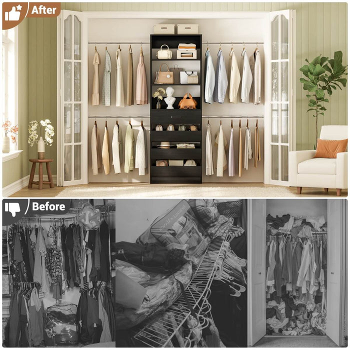 8FT White Walk in Closet System with 4 Wooden Drawers & 4 Hanging Rods