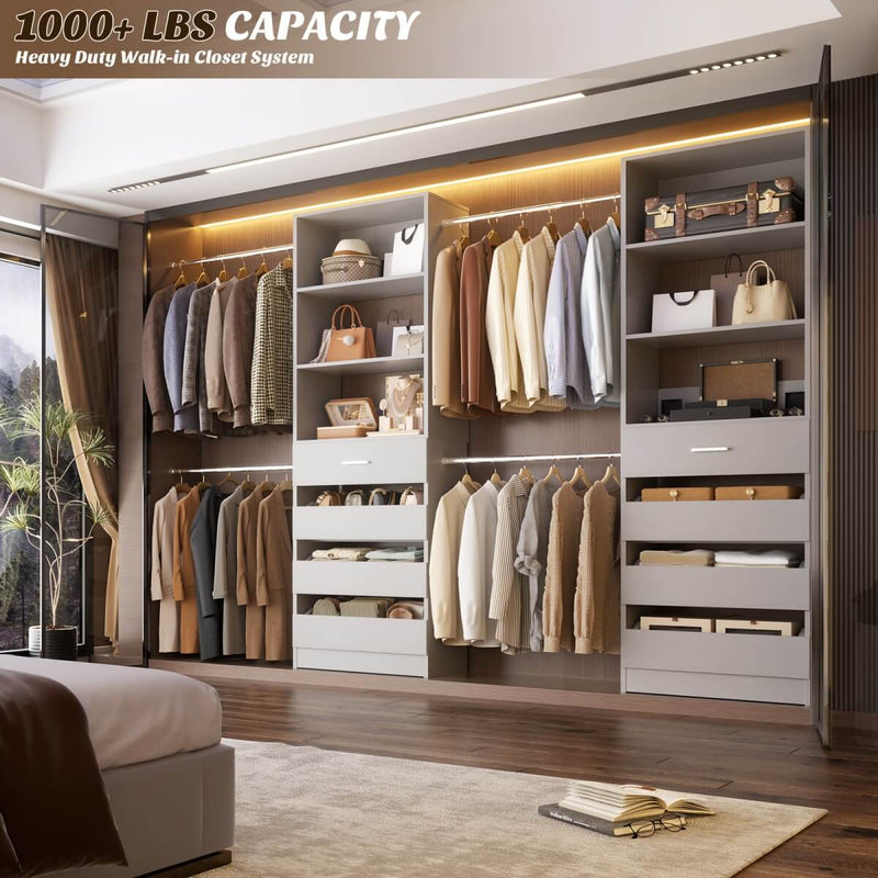 8FT White Walk in Closet System with 4 Wooden Drawers & 4 Hanging Rods