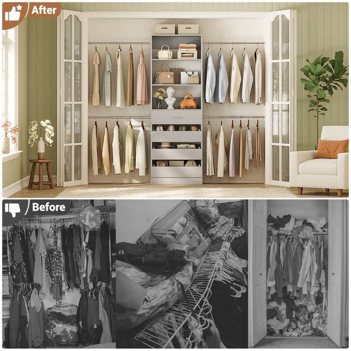 8FT White Walk in Closet System with 4 Wooden Drawers & 4 Hanging Rods