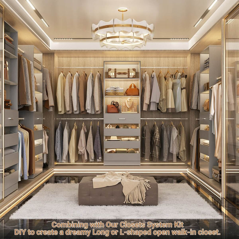 8FT White Walk in Closet System with 4 Wooden Drawers & 4 Hanging Rods