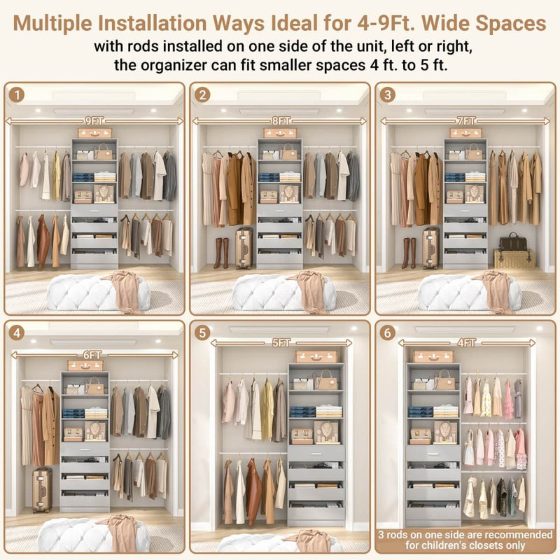 8FT White Walk in Closet System with 4 Wooden Drawers & 4 Hanging Rods