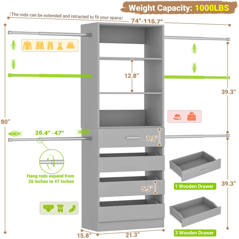 8FT White Walk in Closet System with 4 Wooden Drawers & 4 Hanging Rods