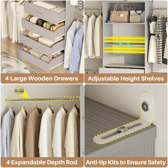 8FT White Walk in Closet System with 4 Wooden Drawers & 4 Hanging Rods