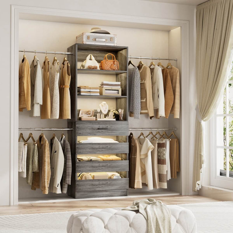 8FT White Walk in Closet System with 4 Wooden Drawers & 4 Hanging Rods