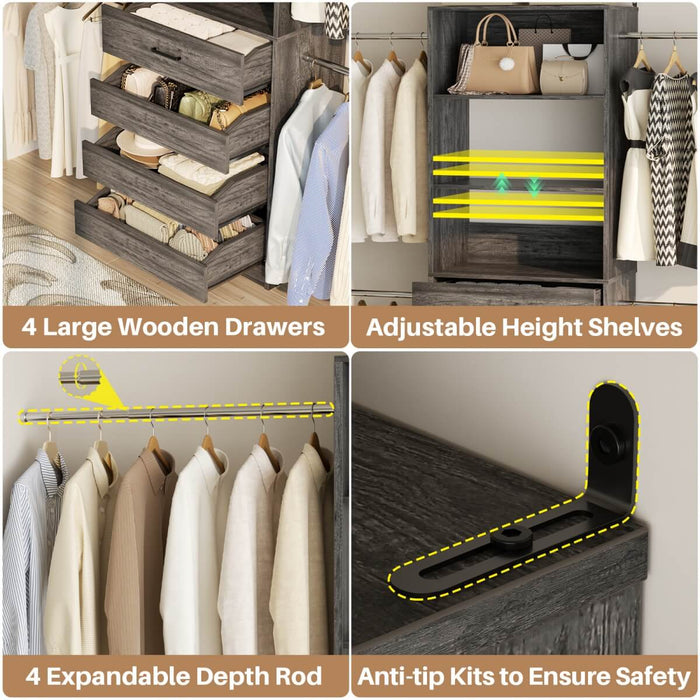 8FT White Walk in Closet System with 4 Wooden Drawers & 4 Hanging Rods