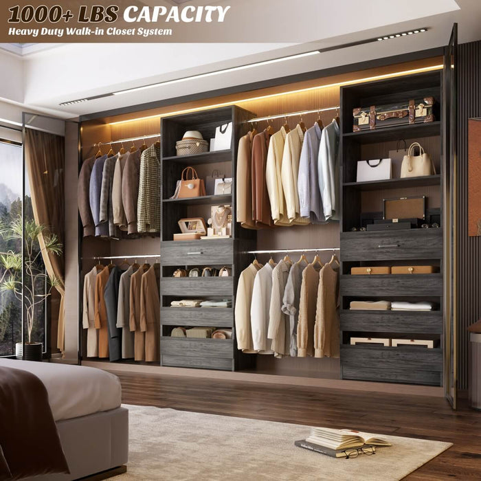 8FT White Walk in Closet System with 4 Wooden Drawers & 4 Hanging Rods