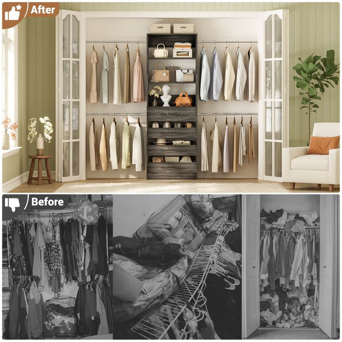 8FT White Walk in Closet System with 4 Wooden Drawers & 4 Hanging Rods