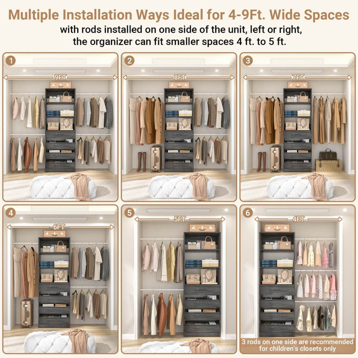 8FT White Walk in Closet System with 4 Wooden Drawers & 4 Hanging Rods