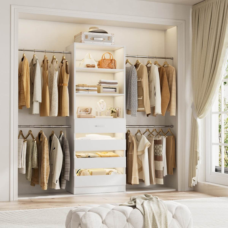 8FT White Walk in Closet System with 4 Wooden Drawers & 4 Hanging Rods