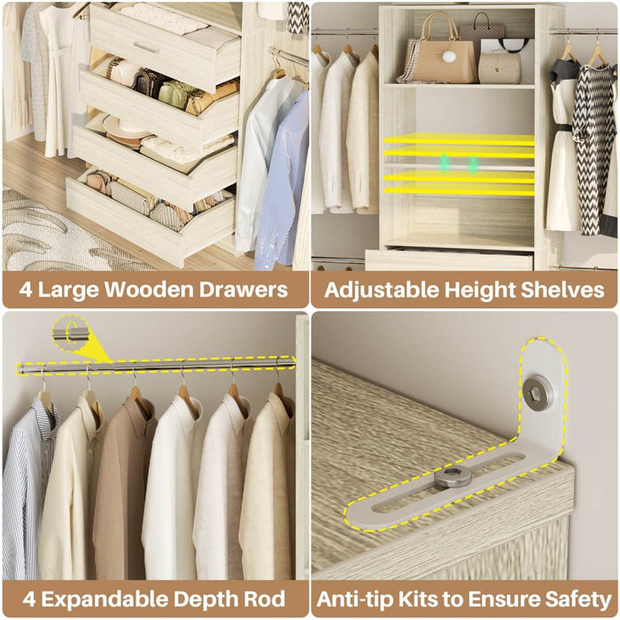 8FT White Walk in Closet System with 4 Wooden Drawers & 4 Hanging Rods