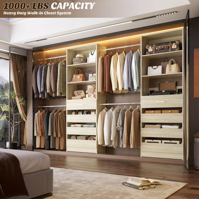 8FT White Walk in Closet System with 4 Wooden Drawers & 4 Hanging Rods