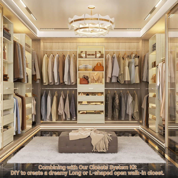 8FT White Walk in Closet System with 4 Wooden Drawers & 4 Hanging Rods