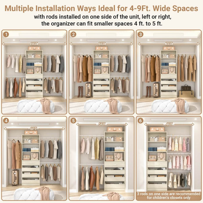 8FT White Walk in Closet System with 4 Wooden Drawers & 4 Hanging Rods