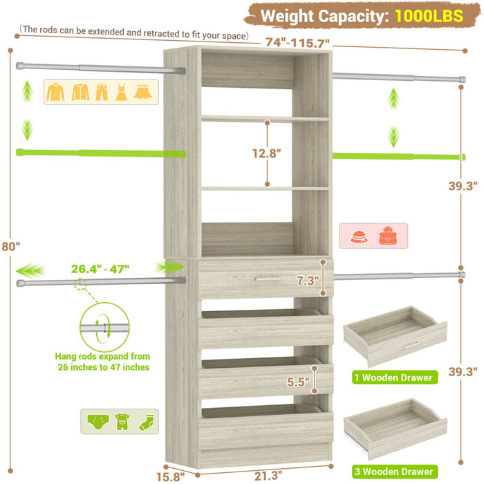 8FT White Walk in Closet System with 4 Wooden Drawers & 4 Hanging Rods