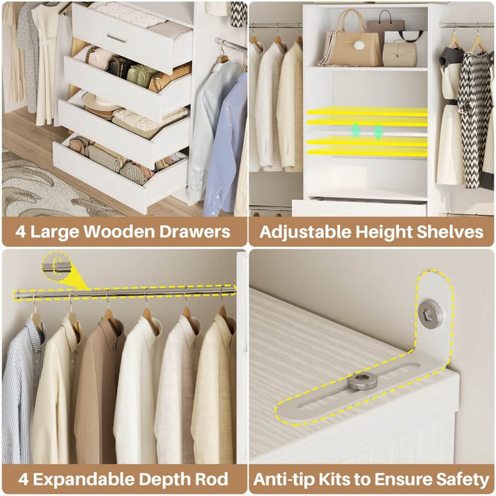 8FT White Walk in Closet System with 4 Wooden Drawers & 4 Hanging Rods
