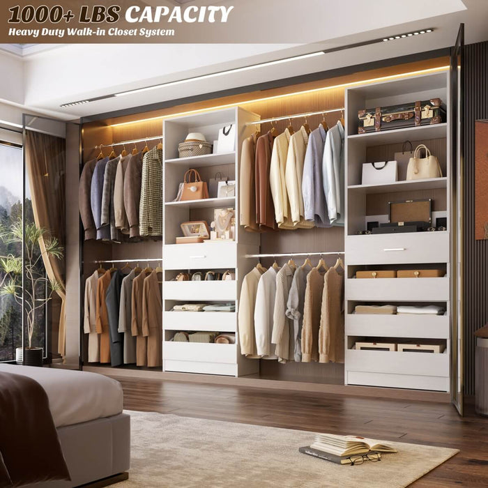 8FT White Walk in Closet System with 4 Wooden Drawers & 4 Hanging Rods