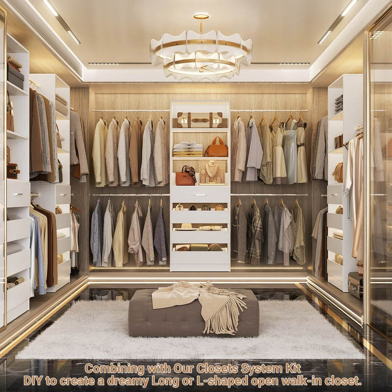 8FT White Walk in Closet System with 4 Wooden Drawers & 4 Hanging Rods