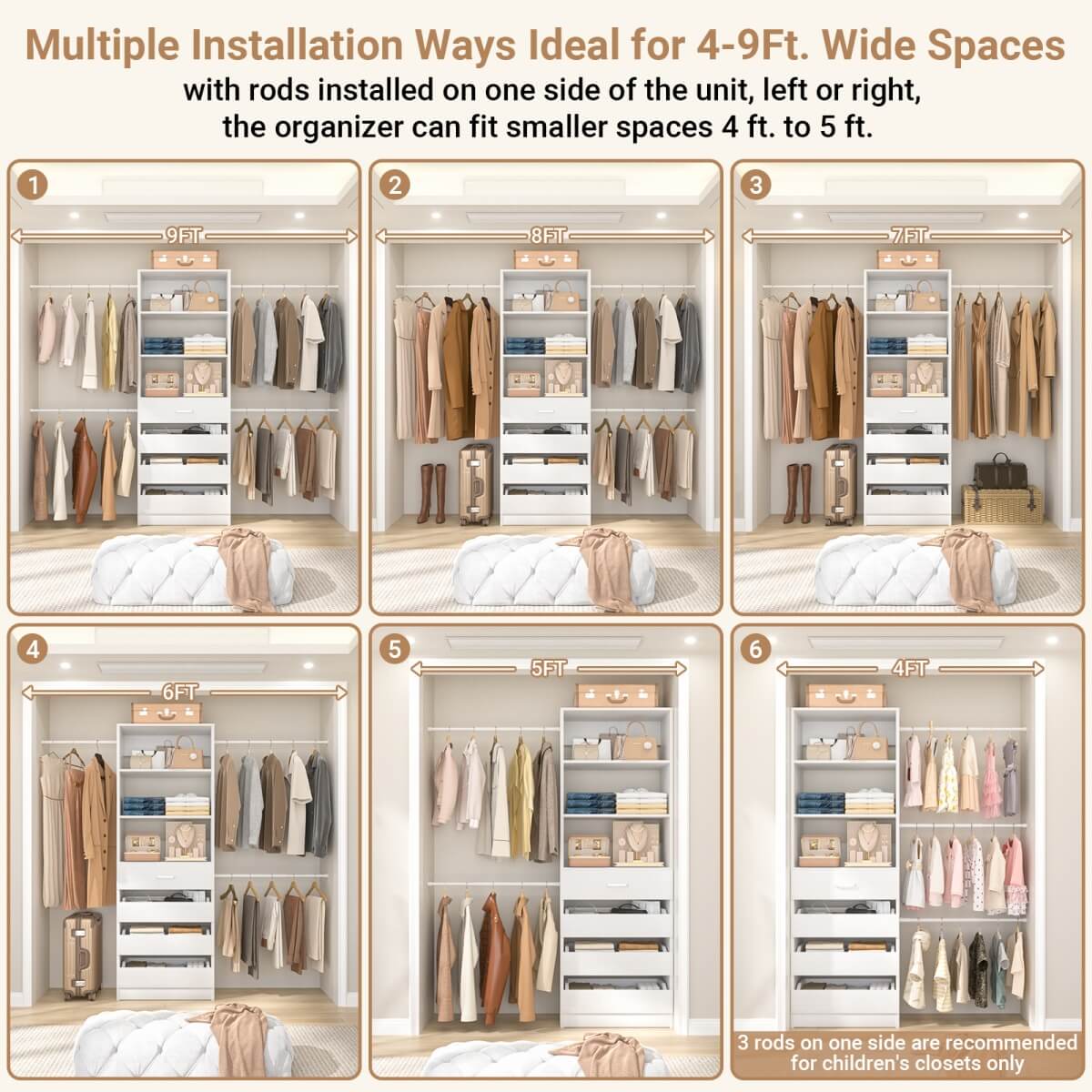 Aheaplus 8FT Walk in Closet System with 4 Wooden Drawers & 4