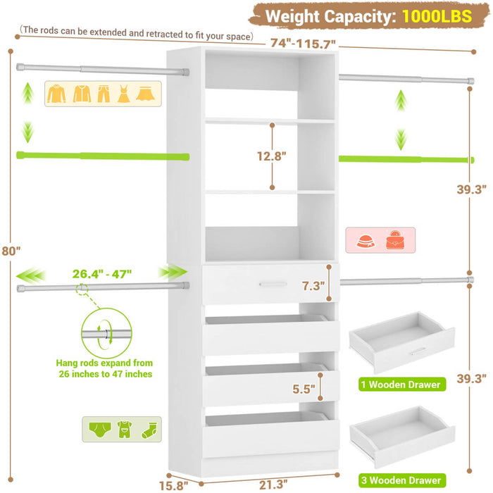 8FT White Walk in Closet System with 4 Wooden Drawers & 4 Hanging Rods