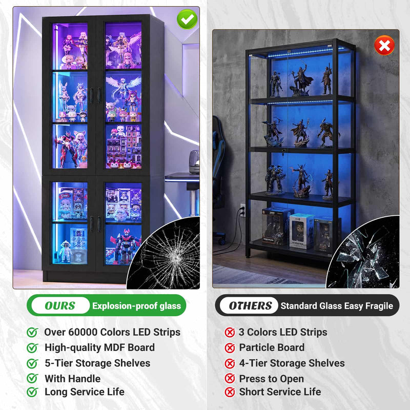 80'' Tall 5-Tier Display Cabinet with Glass Doors and Adjustable Shelves